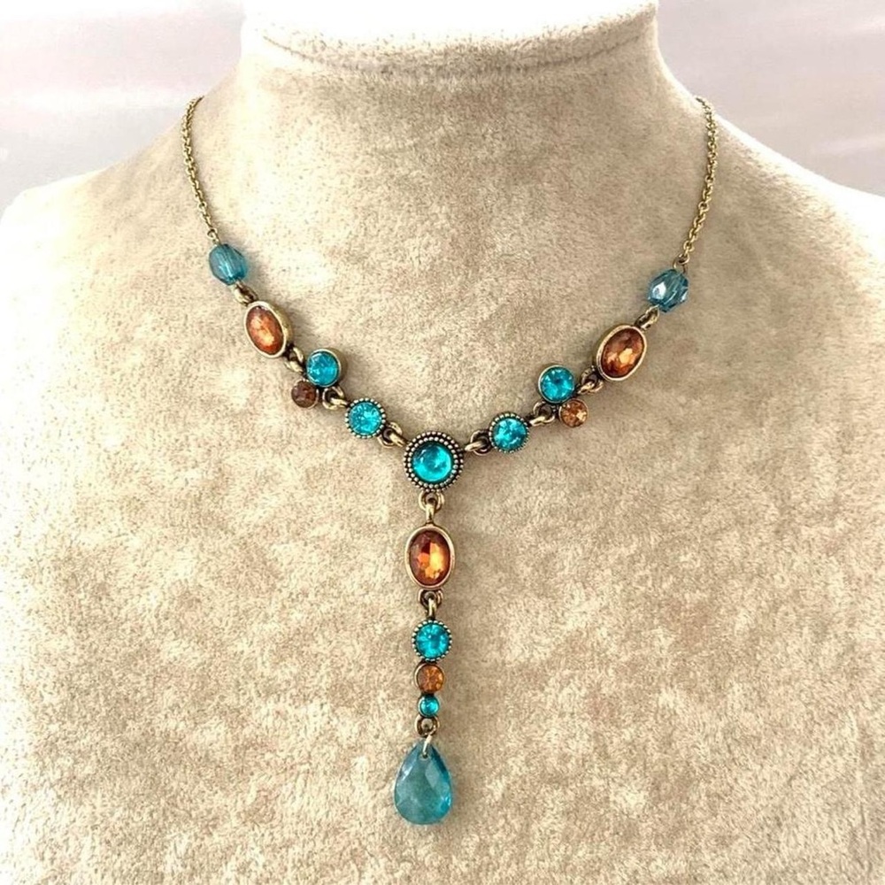 Avon Blue and Amber Crystal Y-Drop Necklace
